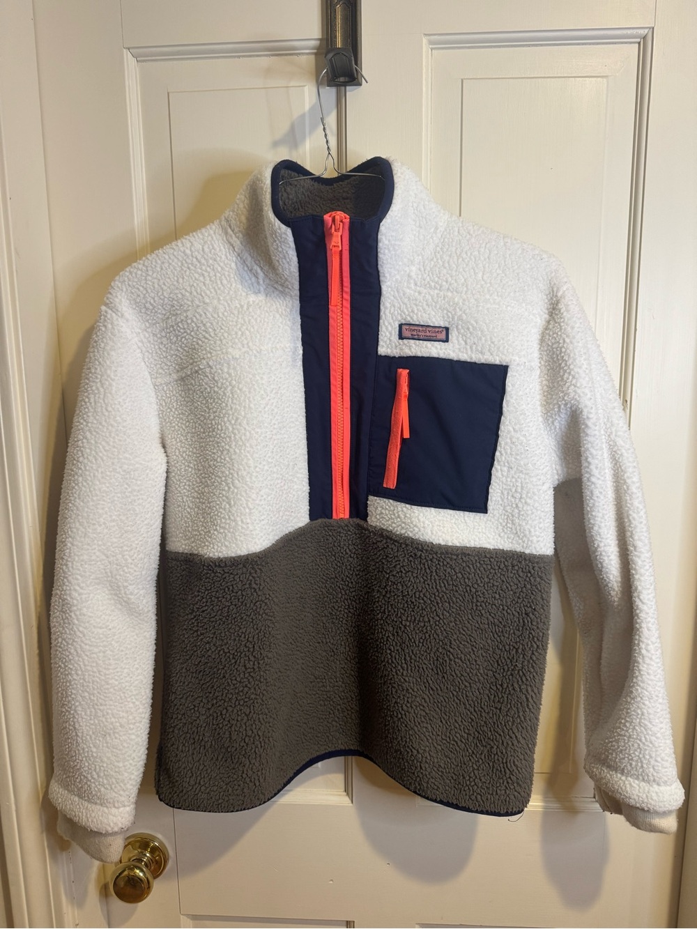Vineyard Vines - Kids Colorblock Sherpa Pullover Jacket. White, gray, and coral.